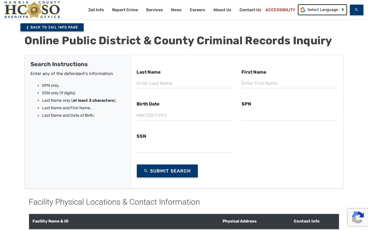 Harris County arrest history custody search fields