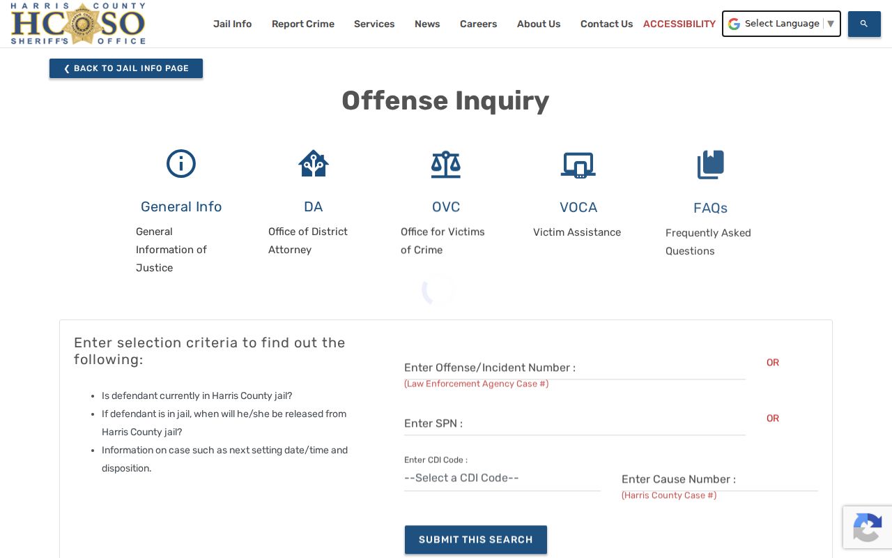 Harris County arrest history offense inquiry routes