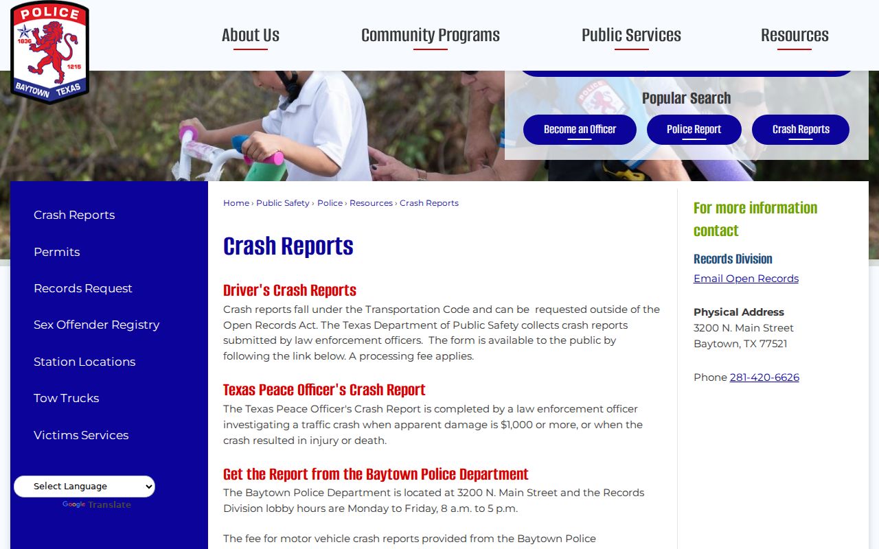Baytown police crash report criminal record channel in Harris County