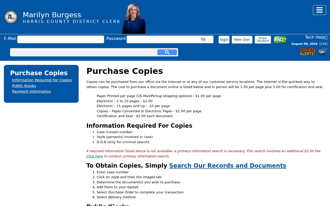 Harris County criminal court case copy fees and ordering