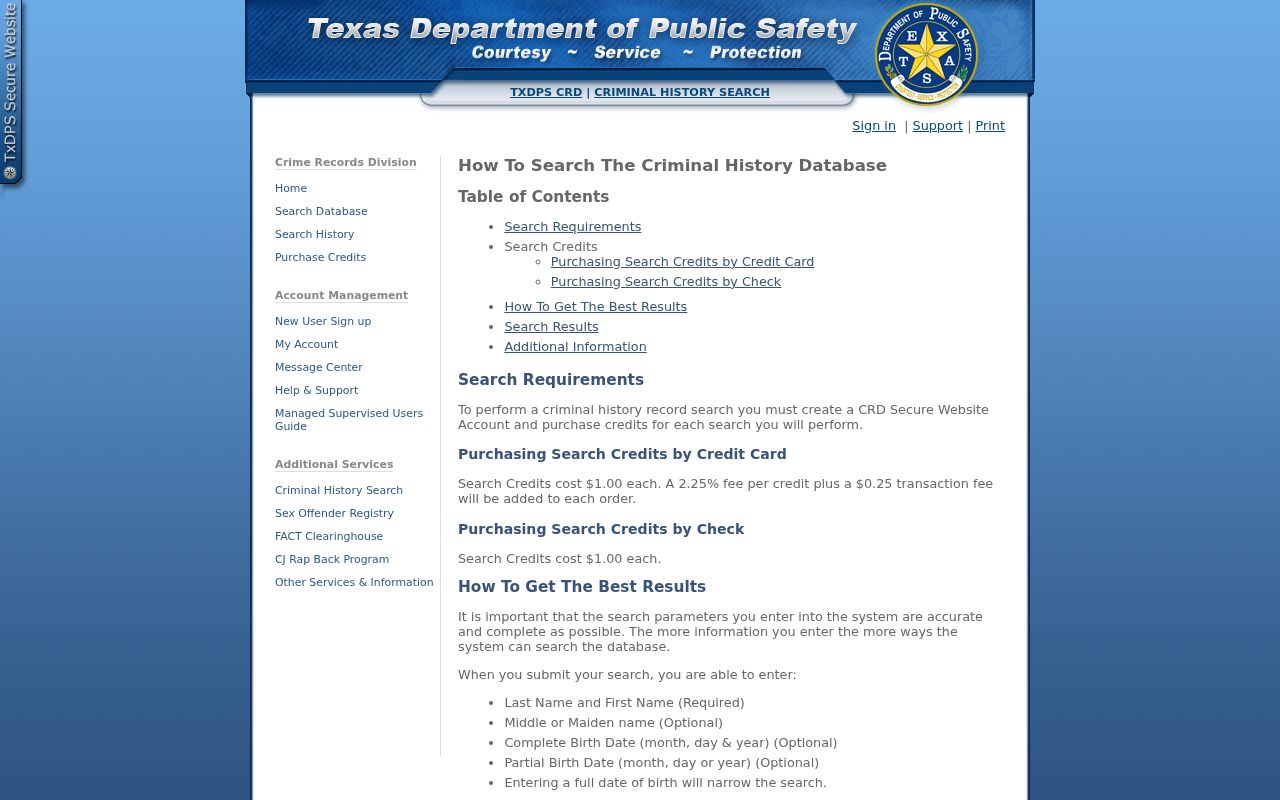 Texas DPS criminal history conviction search instructions for Harris County records