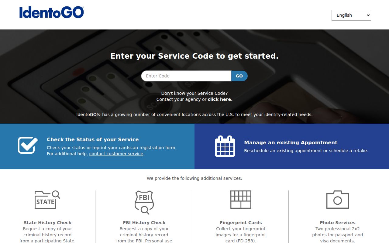 IdentoGO FAST appointment portal for a personal Texas criminal record review