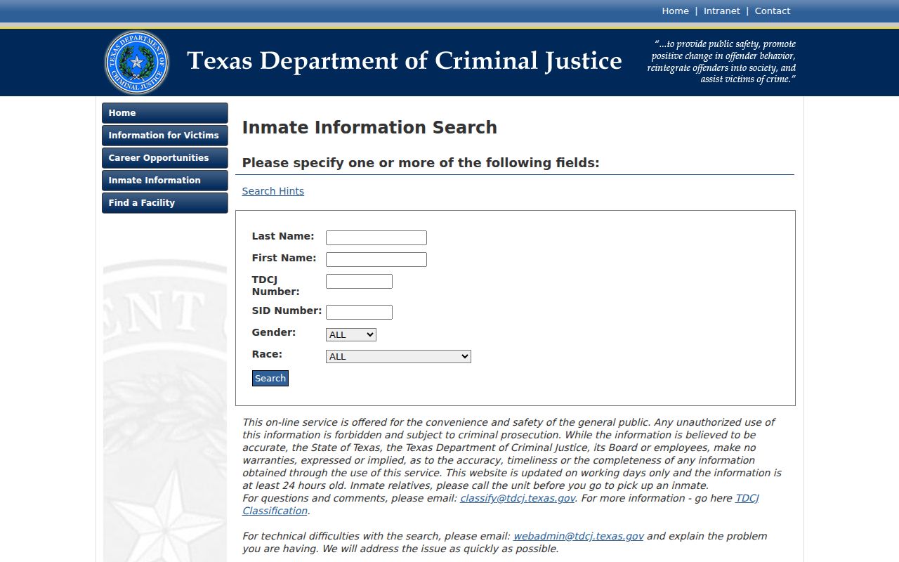 TDCJ Online Inmate Search for Texas prison custody beyond Harris County jail