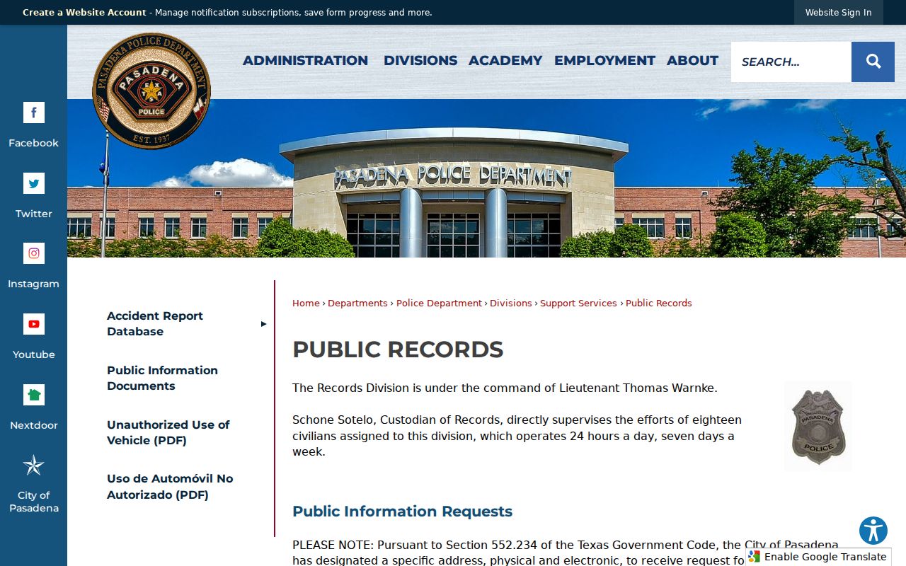 Pasadena criminal records in Harris County for police report access