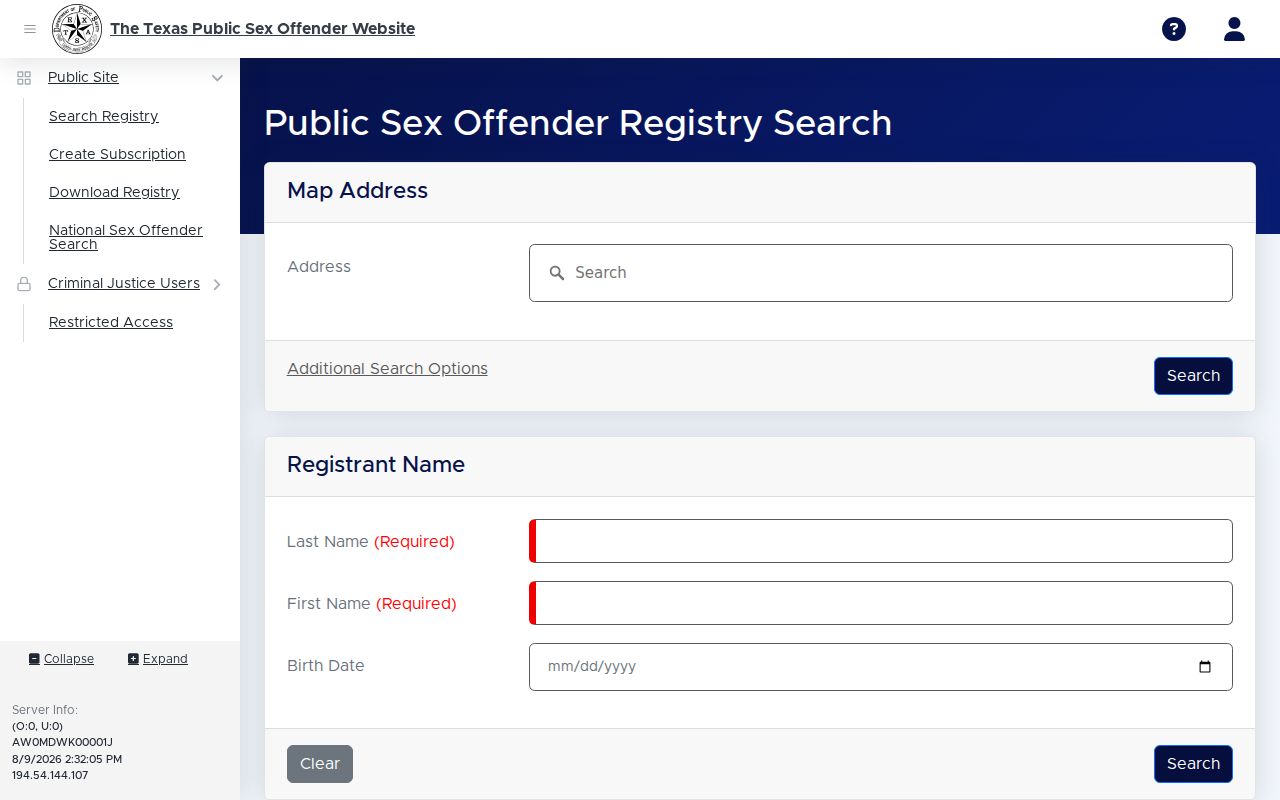 Harris County sex offender check on the Texas registry search screen